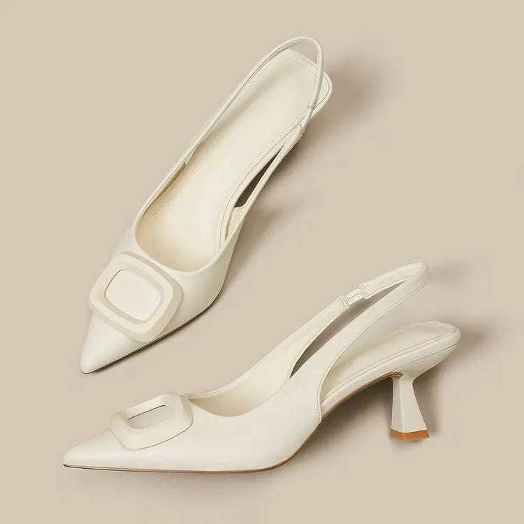 Pointed toe high heels with French square buckle, microfiber upper, rubber sole, sizes 35-39