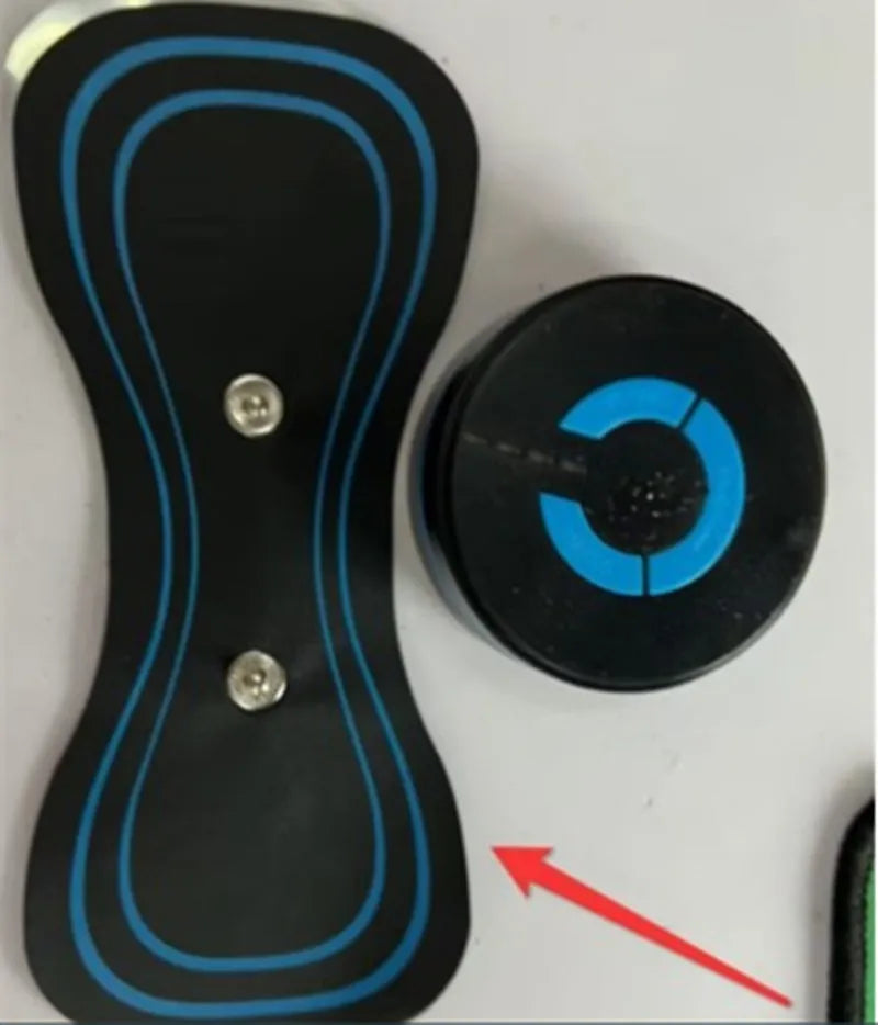 Black HQ-185 mini electric shoulder and neck massager with massage patch, showing compact 15cm size.