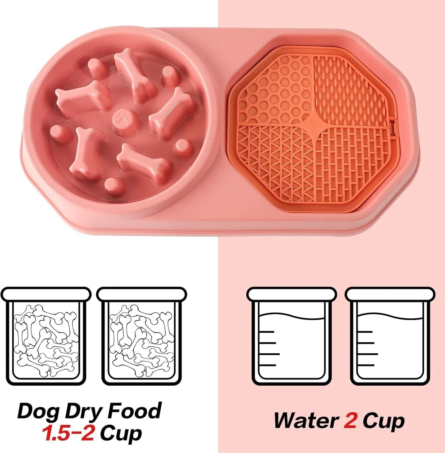Blue interactive slow feeder dog bowl with maze pattern and non-slip base on a kitchen floor.