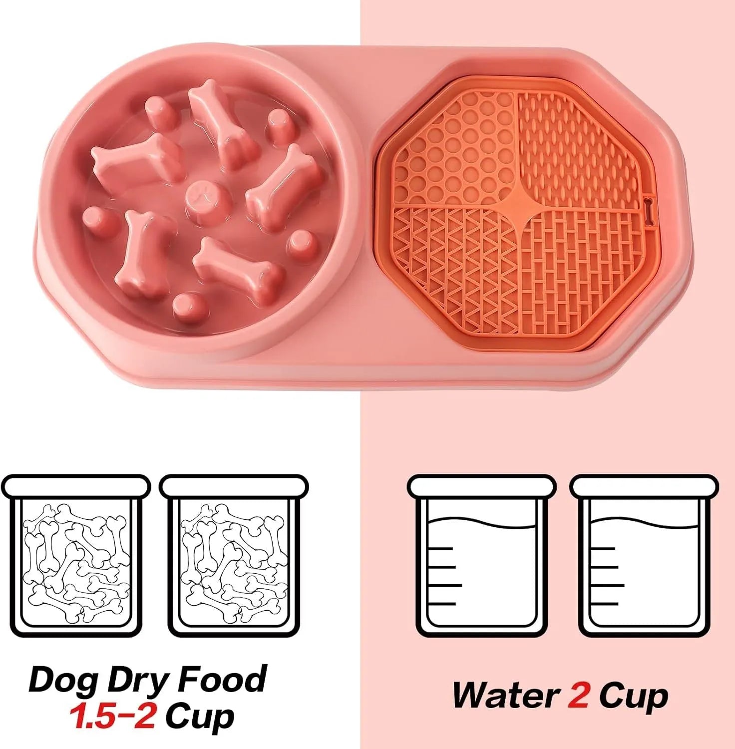 Blue interactive slow feeder dog bowl with maze pattern and non-slip base on a kitchen floor.