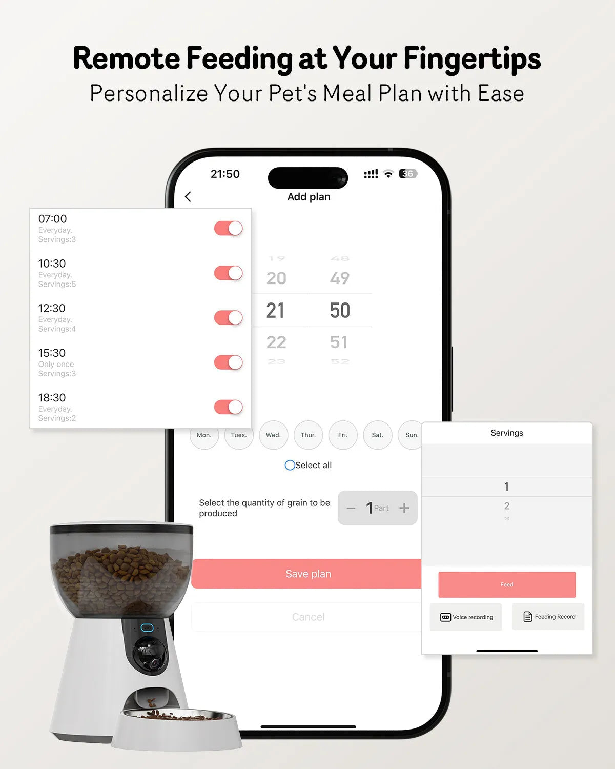 Automatic cat feeder with integrated camera for remote pet monitoring and feeding control