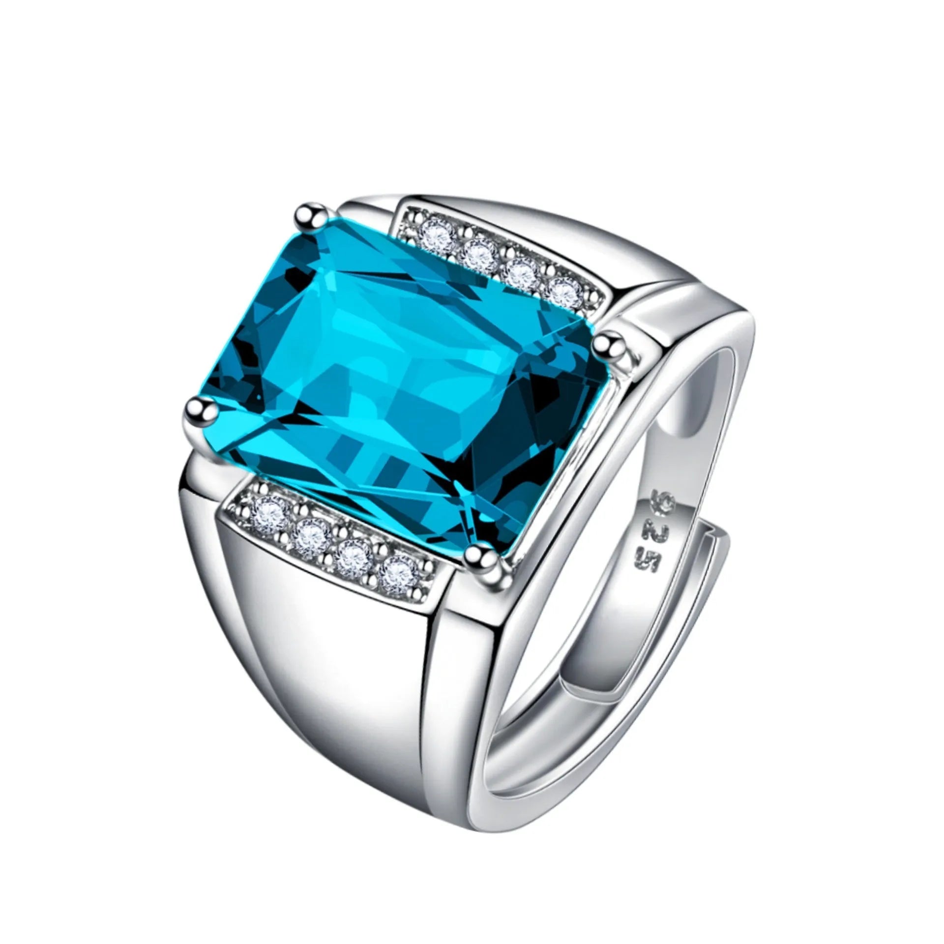 Open geometric adjustable ring with coloured gemstones on a copper band with metallic plating.