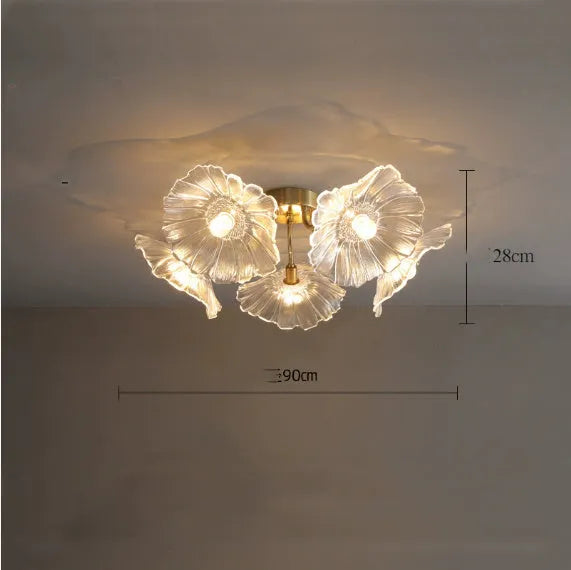 Creative flower lamp with five purple heads and adjustable tricolour, warm, or white light settings for ceiling mounting