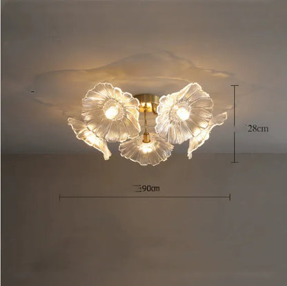 Creative flower lamp with five purple heads and adjustable tricolour, warm, or white light settings for ceiling mounting