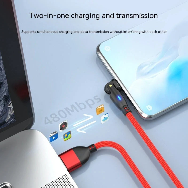 180-degree bendable fast charge USB cable in black, red, and purple