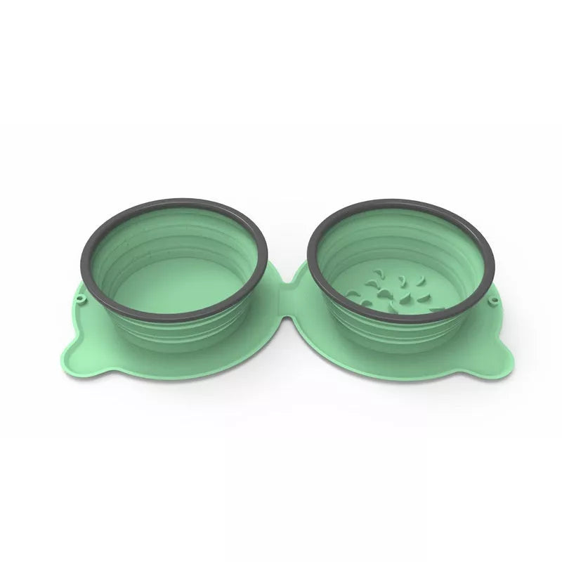 Foldable silicone double pet bowl with non-slip base in various colors