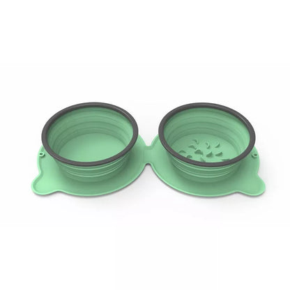 Foldable silicone double pet bowl with non-slip base in various colors