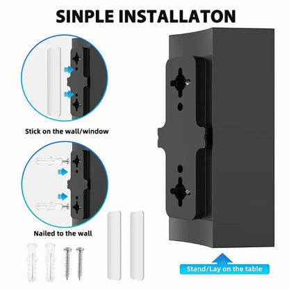 Black plastic digital television antenna measuring 18x16x7cm with expansion tubes and mounting accessories