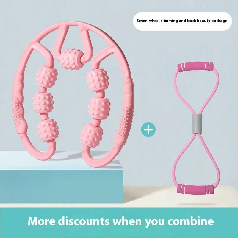 Ring clip leg massager roller with 12 wheels in macaron pink colour, showing adjustable grip and PP material construction