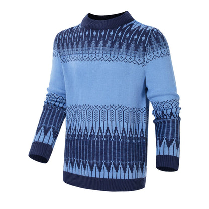 Men's grey cotton blend knitted pullover sweater with long sleeves on a hanger.