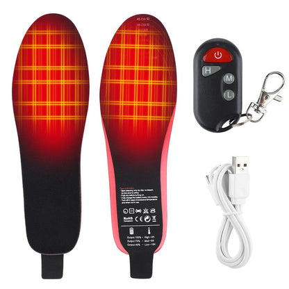 Heated insoles for men and women with rechargeable electric foot warming pads, designed to fit any size boot or shoe