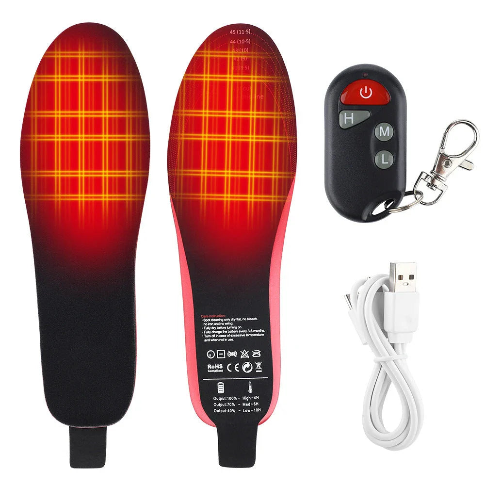 Heated insoles for men and women with rechargeable electric foot warming pads, designed to fit any size boot or shoe