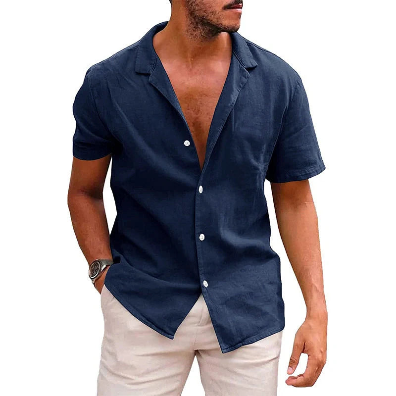 Men's casual linenCotton short sleeve button-down shirt in various colors