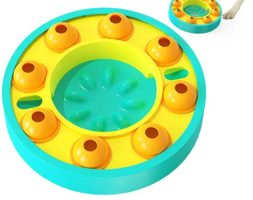 Green and blue interactive dog puzzle toy slow feeder bowl with food turntable top