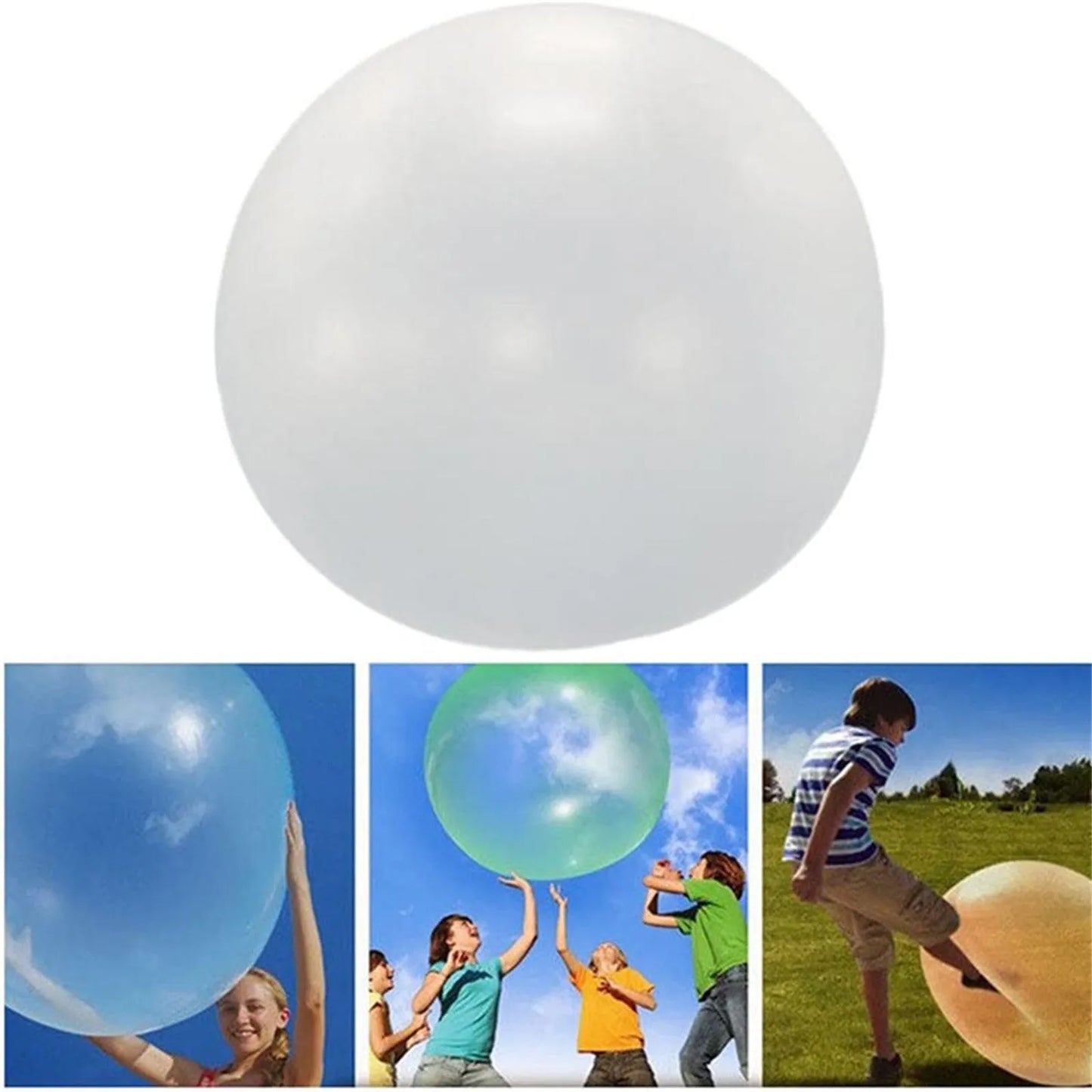 Large pink, yellow, green, and blue inflatable bouncy balls in various sizes for children's play.