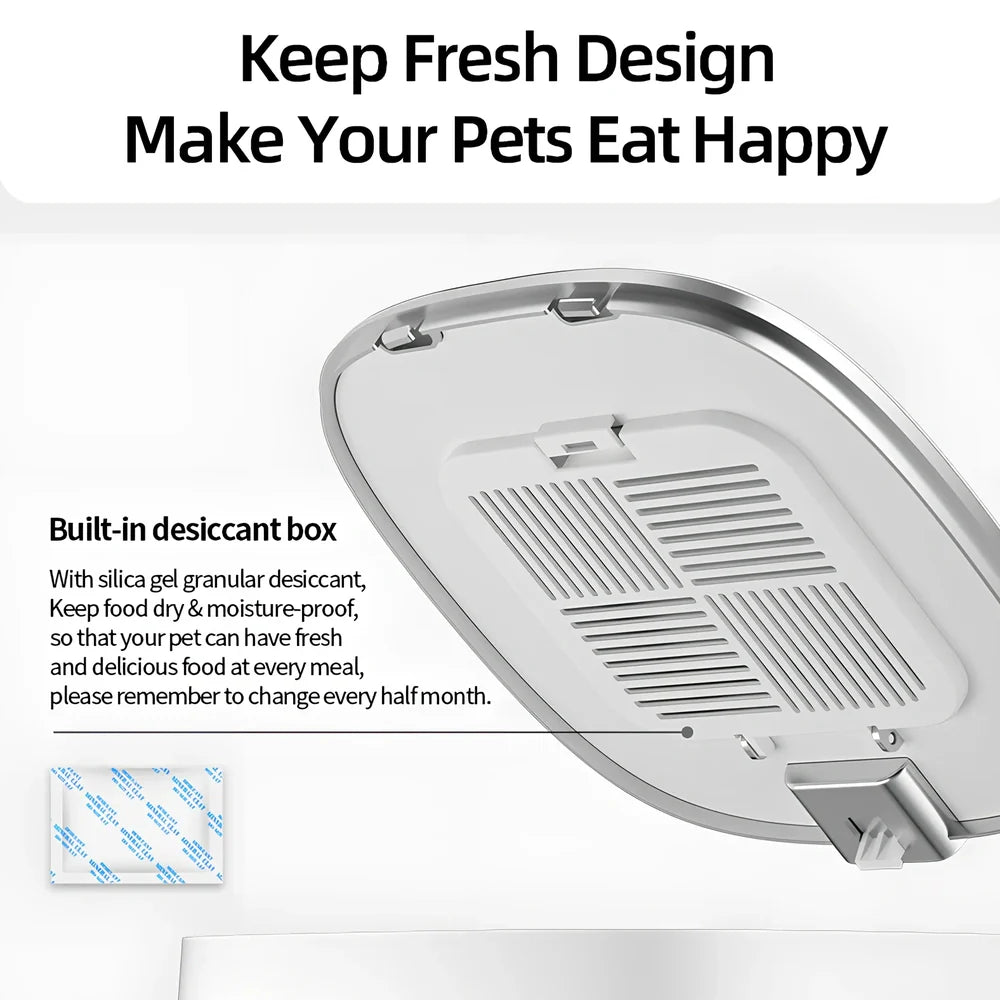 ROJECO white automatic pet feeder with stainless steel bowl and digital control panel