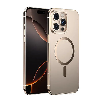 Magnetic suction iPhone case in Desert Gold with stainless steel and acrylic half-pack design and laser finish.