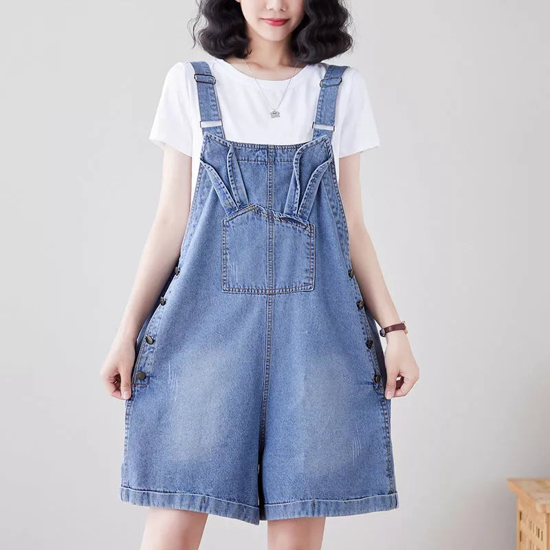Denim loose straight strap pants with adjustable suspenders in dark blue and light blue