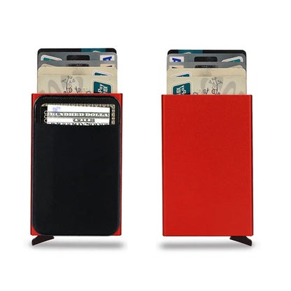 Aluminium alloy credit card holder with frosted finish measuring 9.5x6x1.0cm, showing RFID protection for 4-6 cards
