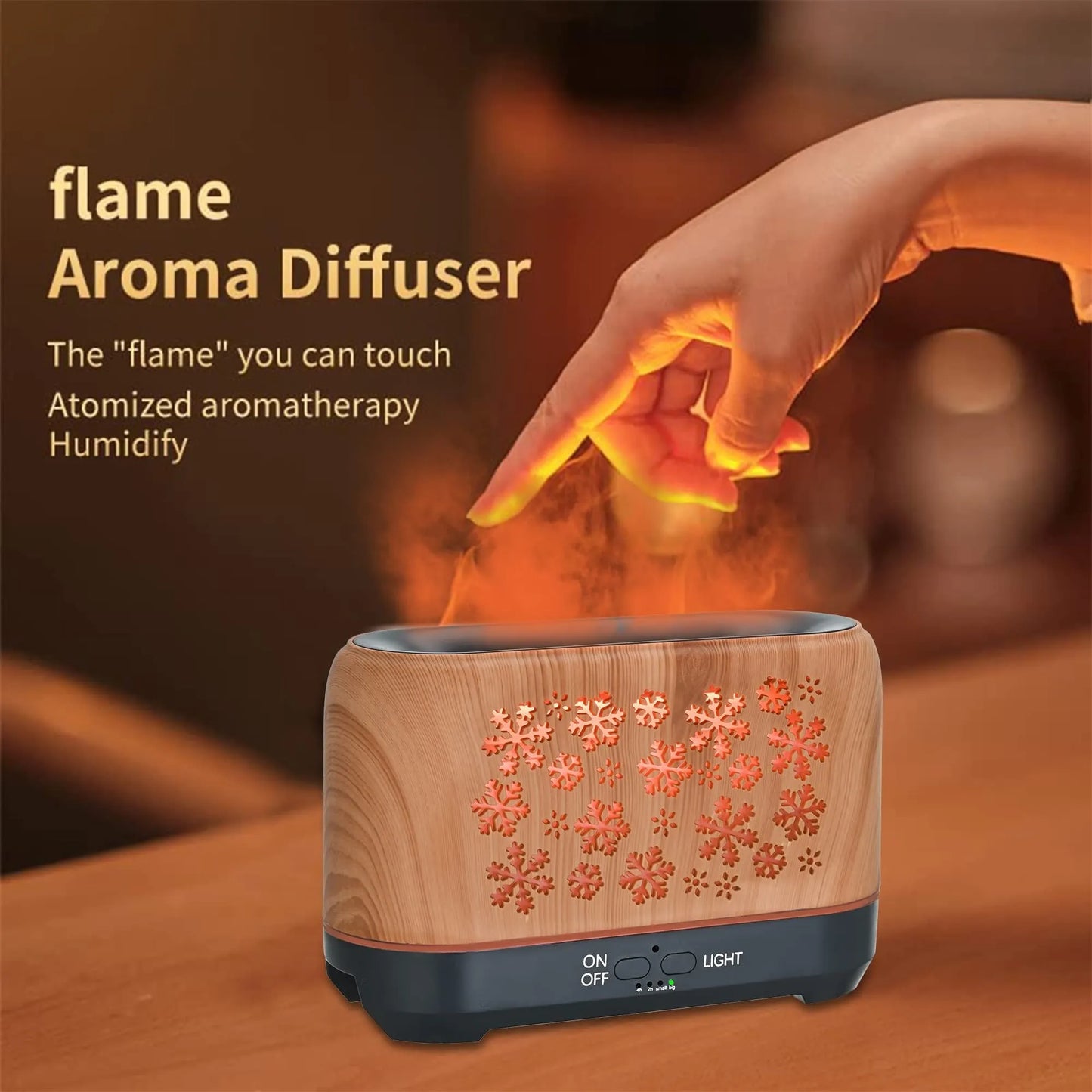 Square wood grain humidifier with colourful snowflake pattern and multicolour flame effect mist.