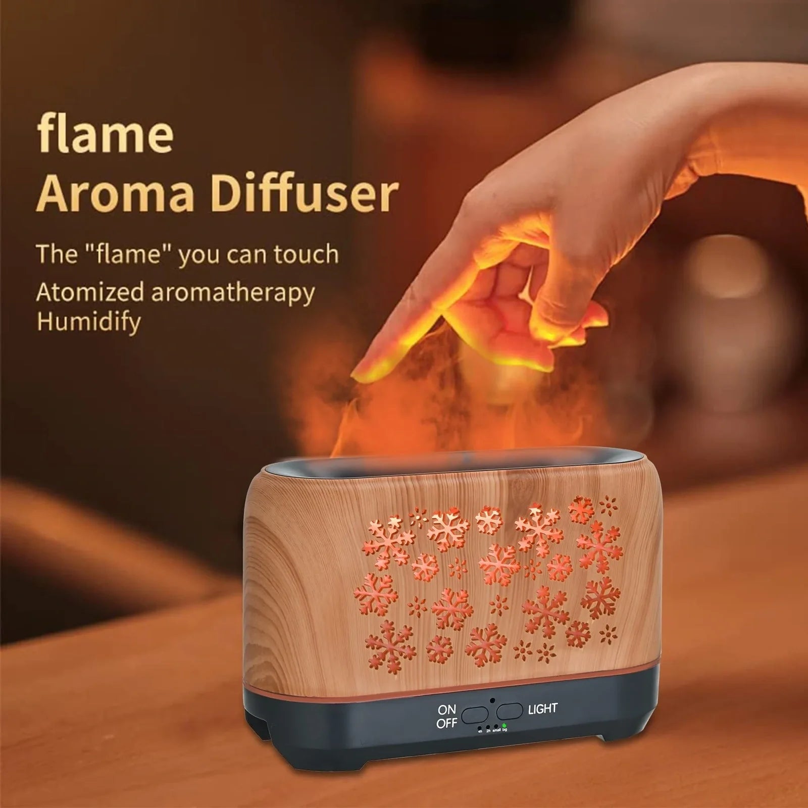 Square Christmas snowflake pattern humidifier with wood grain design and colourful flame lighting effect on desktop