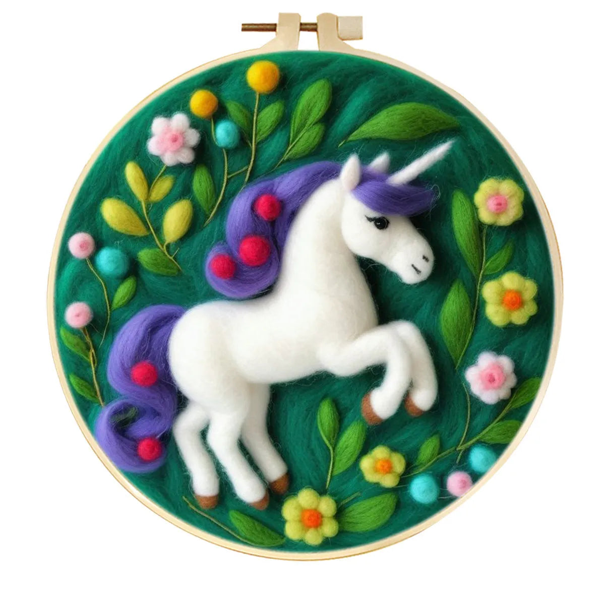 Round fabric embroidery kit with 20x20cm linen frame and wool felt for three-dimensional floral artwork