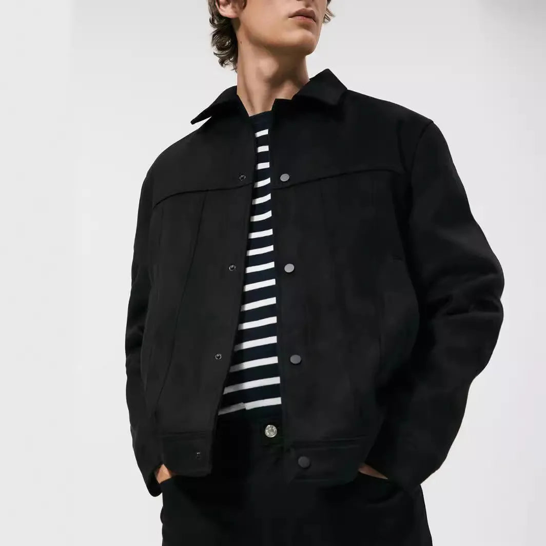 Black men's hooded jacket with a suede collar and side seam pockets.