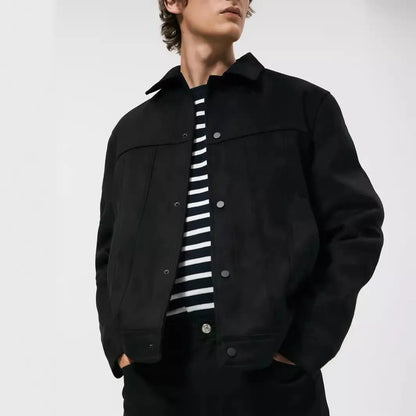 Black men's hooded jacket with a suede collar and side seam pockets.