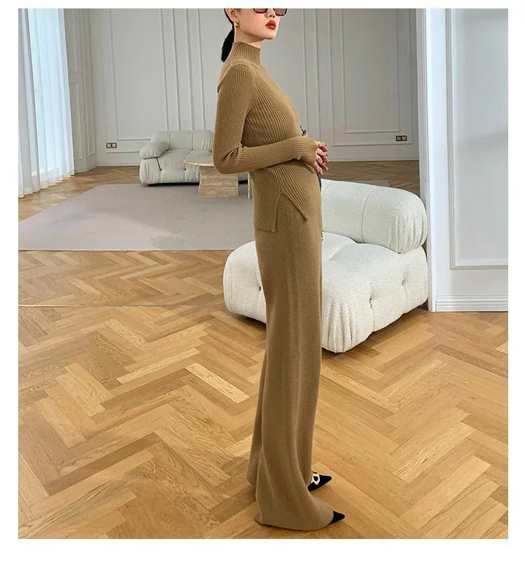 Women's knitted three-piece set with wide-leg trousers, cardigan, and top in solid colours, showing leather stitching details