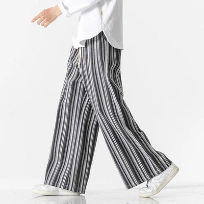 Vintage stripe loose straight mopping pants in cotton blend fabric showing straight leg and mid waist design