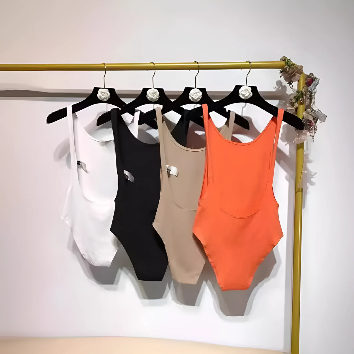 Backless sling jumpsuit for women, slim fit polyester, short 40cm length, black white khaki orange, sizes S M L