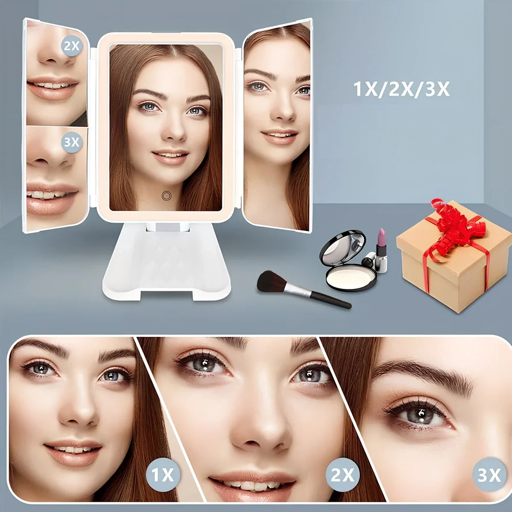 White LED makeup mirror with folded design showing rotation mechanism and magnification lenses