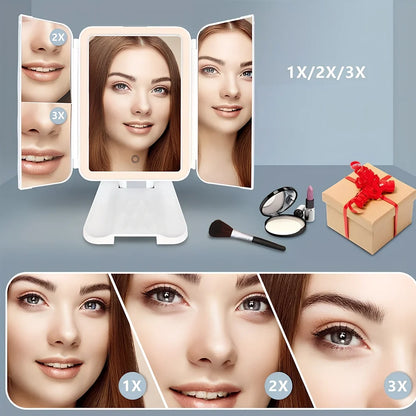 White LED makeup mirror with folded design showing rotation mechanism and magnification lenses