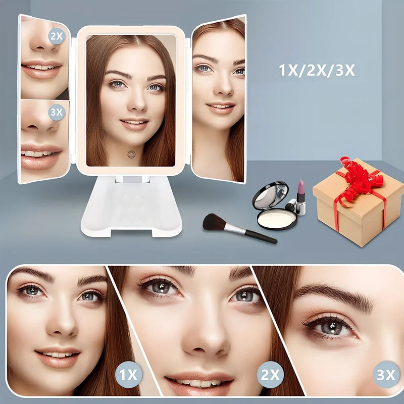 LED light makeup mirror with 180° rotation and 3-fold design featuring adjustable touch dimmer control, 1x flat and 2x 3x magnification lenses for precise cosmetic application in various lighting conditions