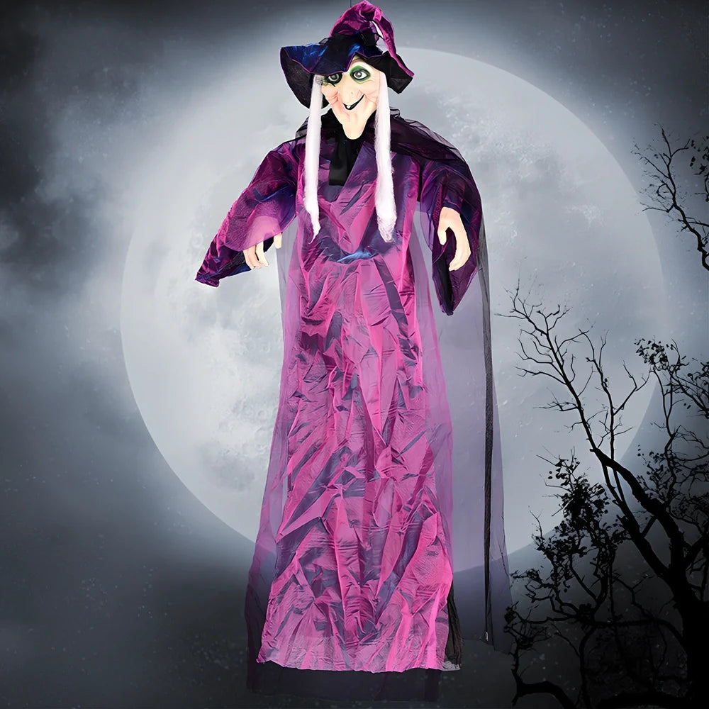 Voice-activated Halloween witch decoration with motion-sensing technology in black or purple colour options