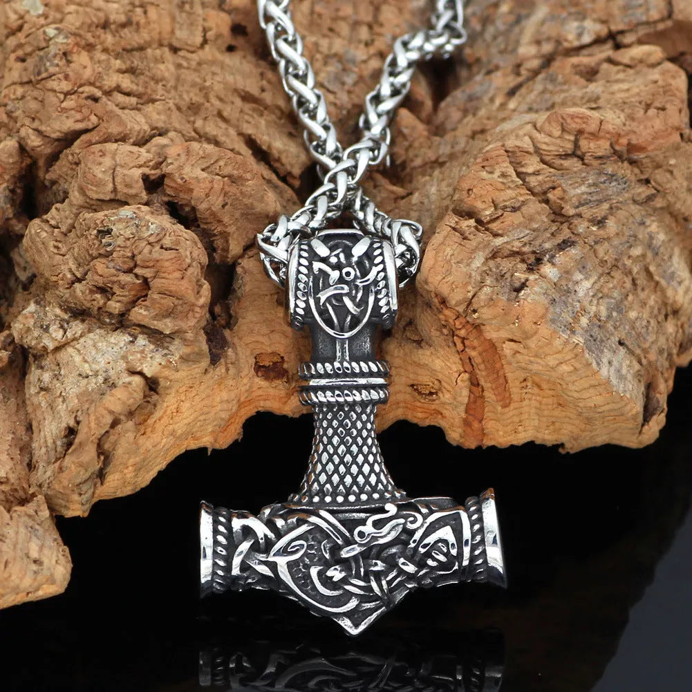 Nordic Vikings Hammer Rune Pendant Necklace for men in stainless steel and titanium steel