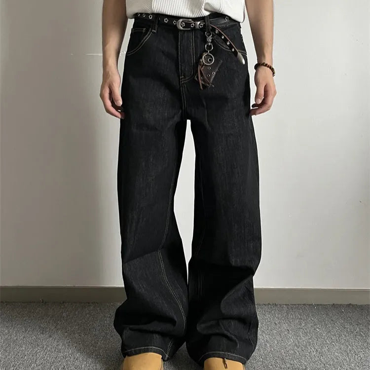Black retro wide-leg jeans with straight leg cut and mid-waist design