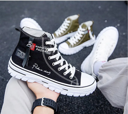 Men's high top canvas casual shoes with letter pattern, front lace-up, round toe, white green black, sizes 39-44