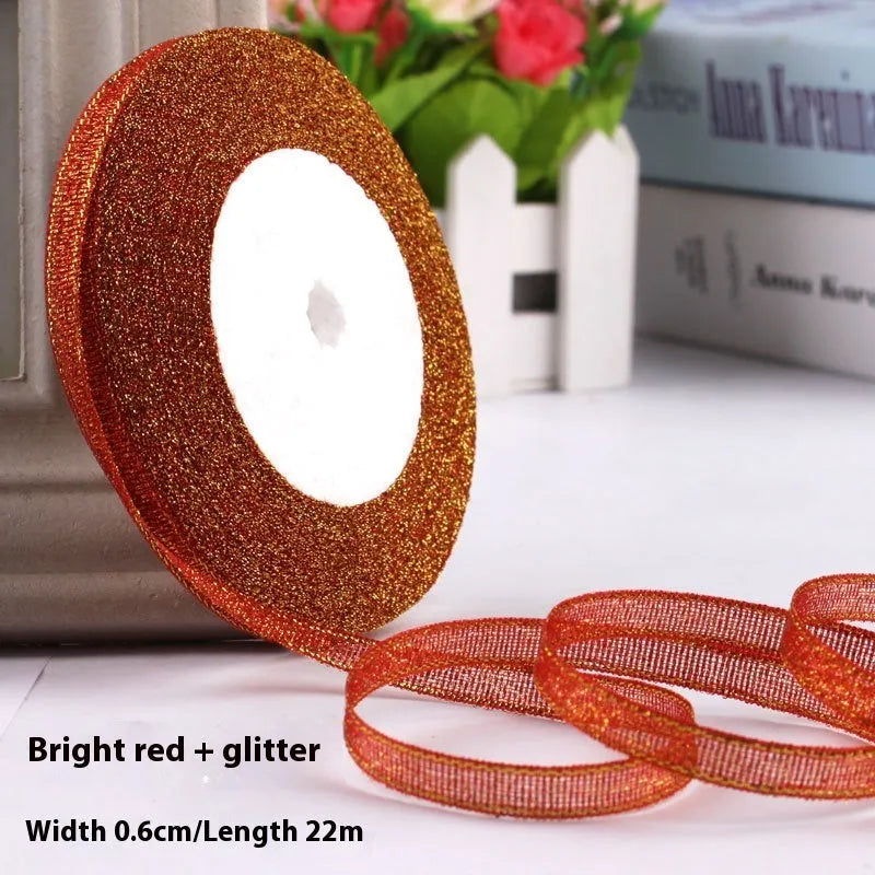 Polyester gift packaging bow ribbon showing 0.6cm width and colour options including gold leaf and metallic variations