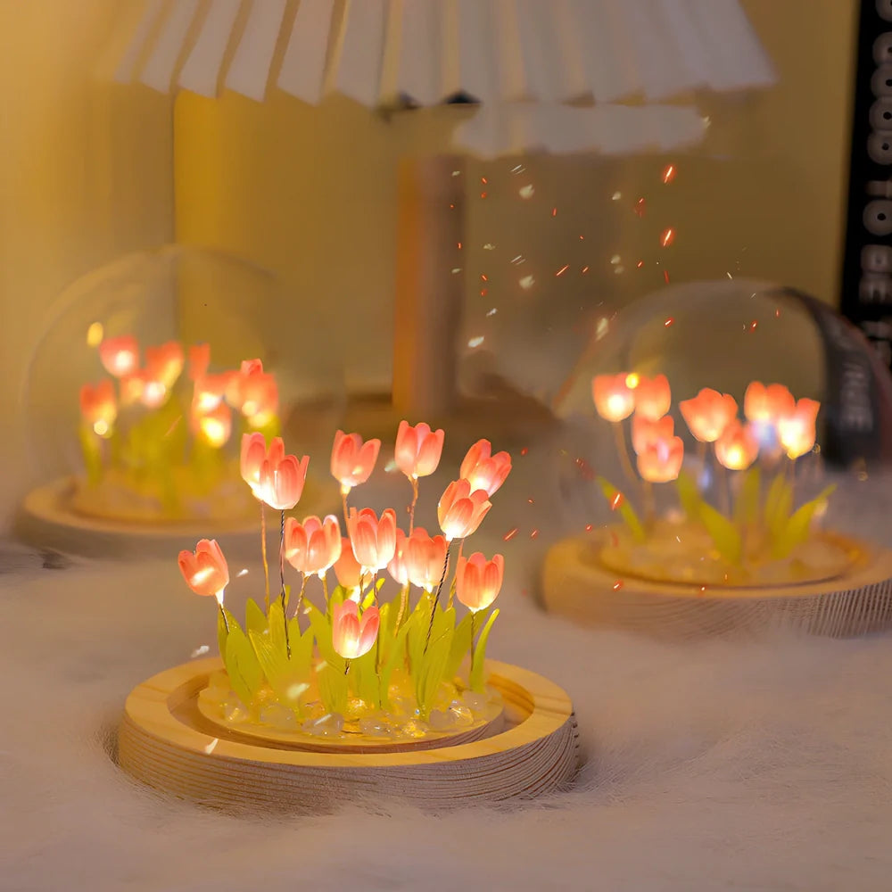 Handmade tulip night light with glass lampshade and adjustable heat shrinkable film flowers in blue, pink, or purple
