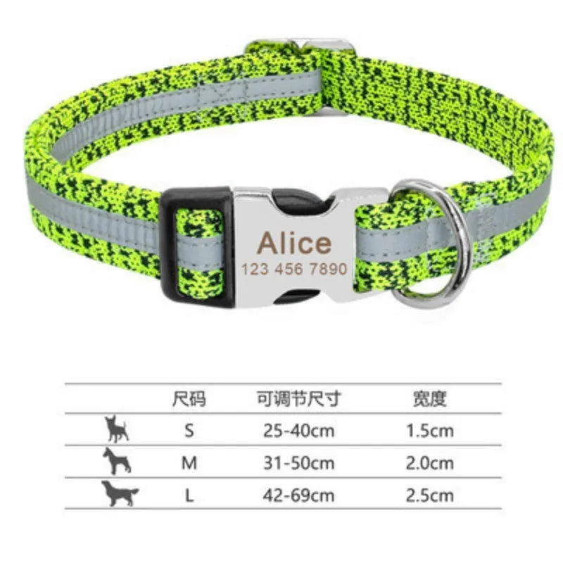 An adjustable nylon dog collar with a metal buckle, shown in black, green, and rose red colours.