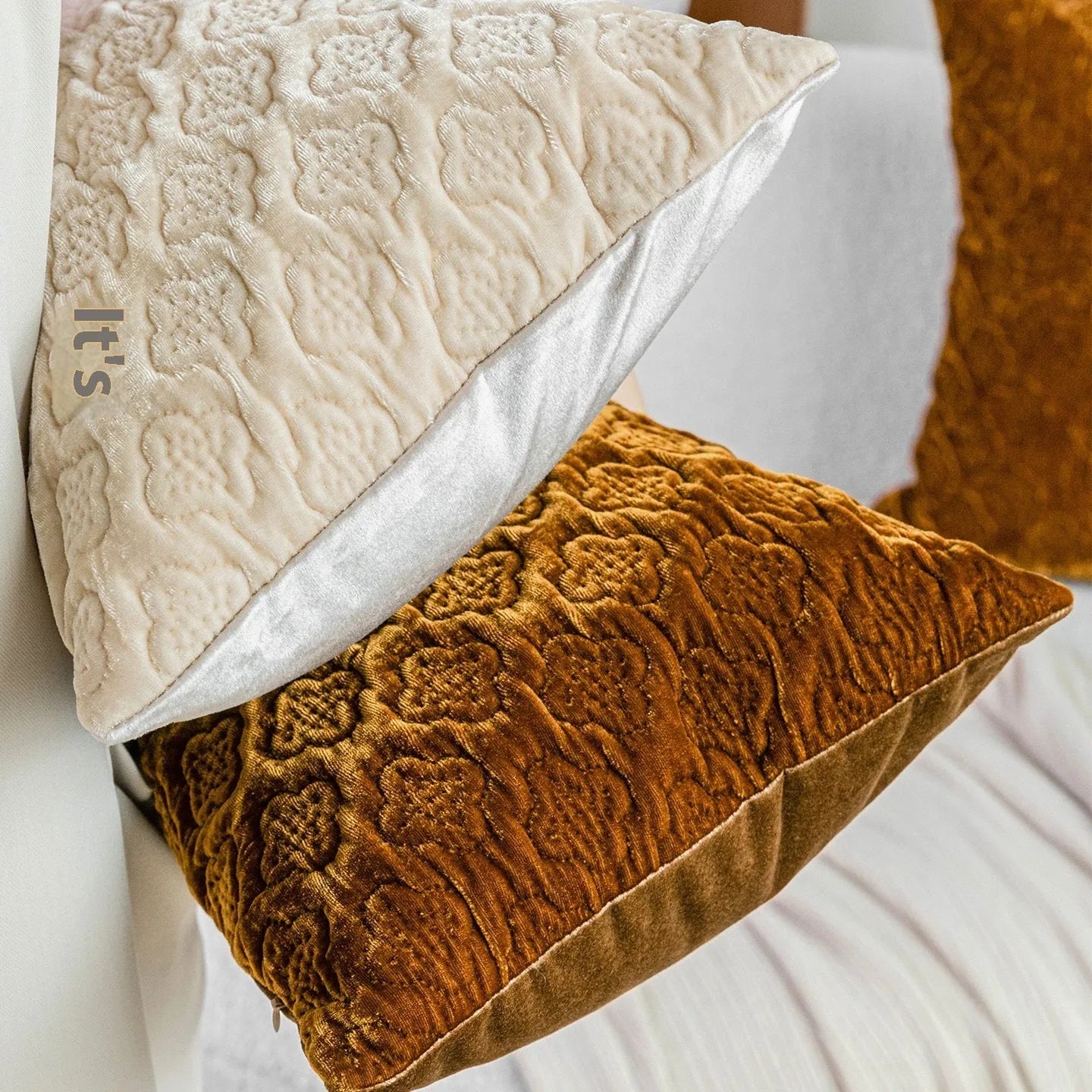 Brown gold antique style quilted cushion pillow showing three-dimensional quilting pattern and feather velvet filler