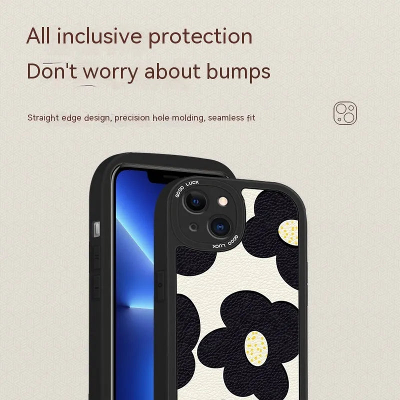 Anti-drop silicone phone case with black flower design, all-inclusive shockproof cover for iPhone models in white or black