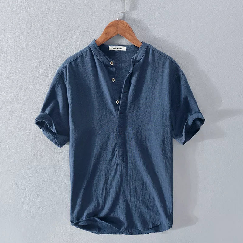 Men's Stand Collar Japanese Ice Silk Linen Short Sleeve T-shirt in various colors