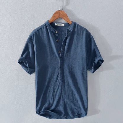 Men's Stand Collar Japanese Ice Silk Linen Short Sleeve T-shirt in various colors