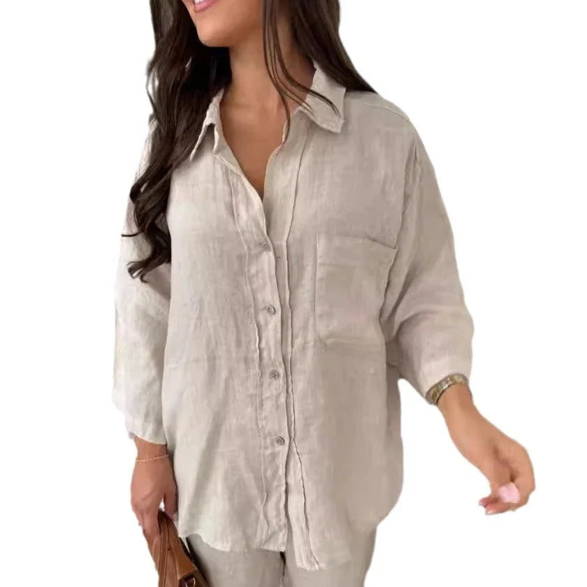 Women's stylish polyester lounge set with wide-leg pants and long-sleeved shirt in various colors