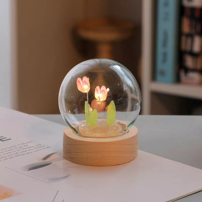 Handmade DIY tulip LED night light with adjustable flowers on wooden base