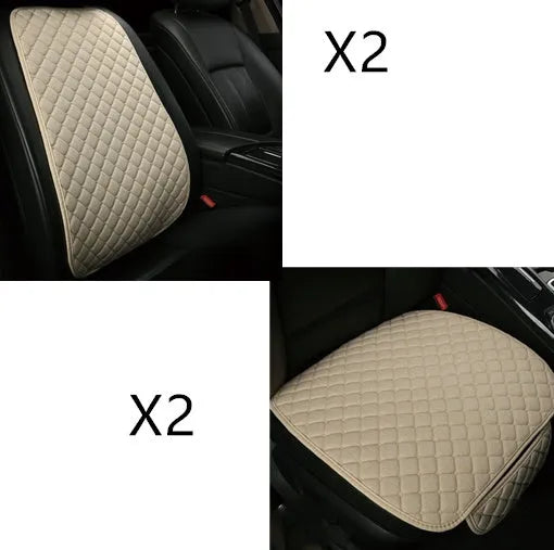 Flax linen car seat cover protector in beige, black, red and brown, with cushion and five-seat style options.