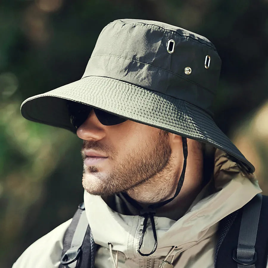Men's wide brim polyester sunshade hat with dome crown, 58-60cm adult free size, in black, khaki, dark grey, army green or navy blue.