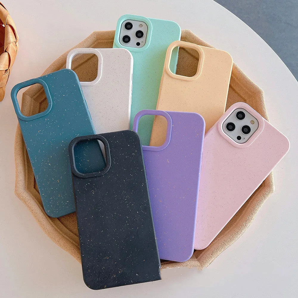 Wheat straw biodegradable phone case for Apple iPhone showing natural fibre texture and colour options